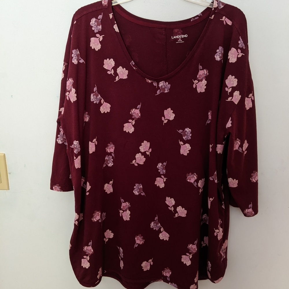 Lands' End Women's Plus Size 1X, 3/4 Sleeve Cranberry 4880, Floral
